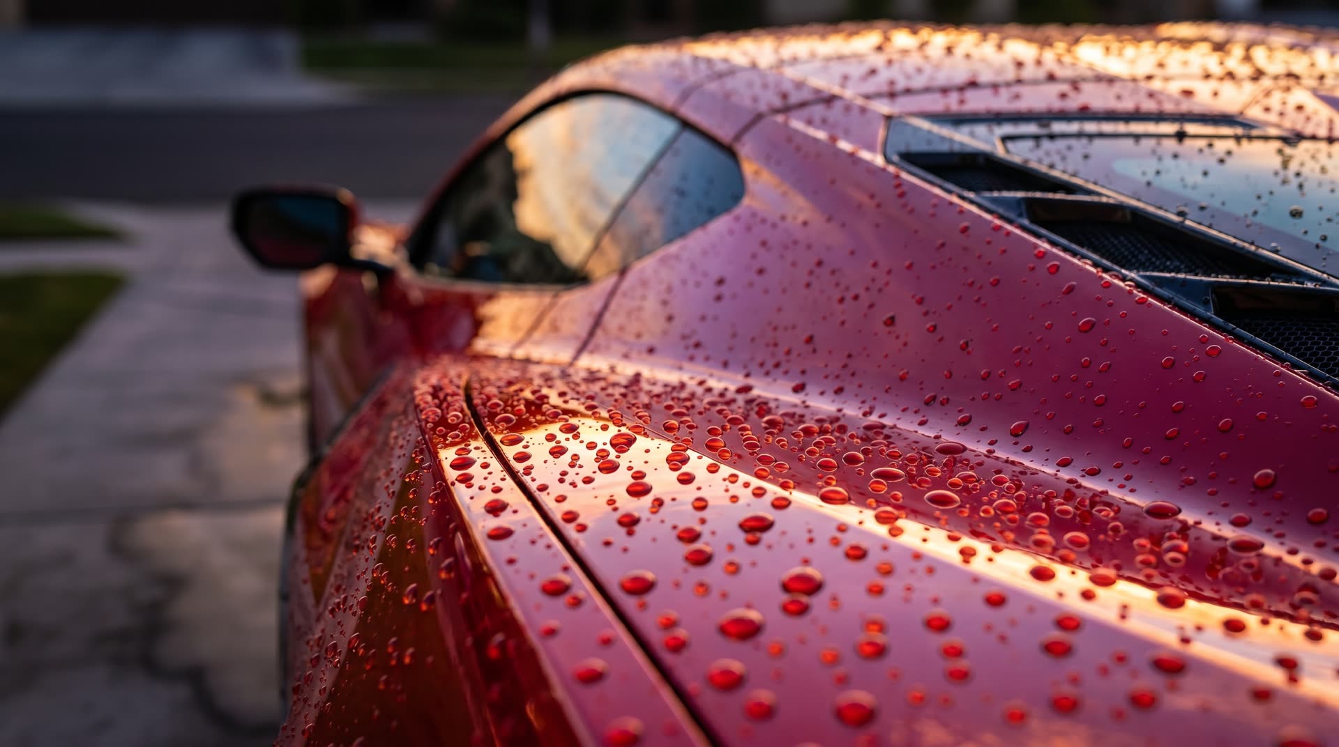 Water beading across the ceramic-coated rear haunch of the red sports car at dusk